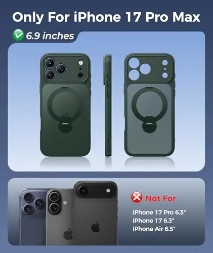 FNTCASE for iPhone 17 Pro-Max Case: [360 Spin Magnetic Stand] [Compatible with Magsafe] [Screen Protector] Translucent Matte Military Grade Shockproof Full Camera Protective Phone Cover - Green - 2