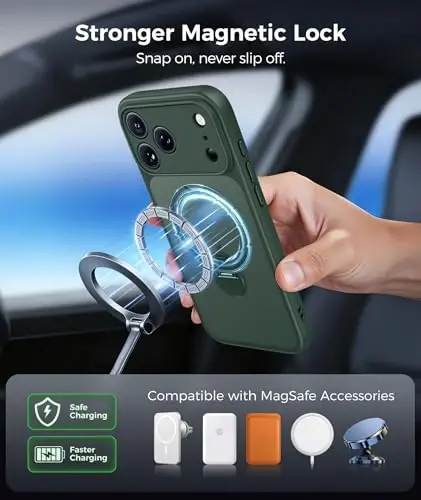 FNTCASE for iPhone 17 Pro-Max Case: [360 Spin Magnetic Stand] [Compatible with Magsafe] [Screen Protector] Translucent Matte Military Grade Shockproof Full Camera Protective Phone Cover - Green - 5