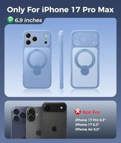 FNTCASE for iPhone 17 Pro-Max Case: [360 Spin Magnetic Stand] [Compatible with Magsafe] [Screen Protector] Translucent Matte Military Grade Shockproof Full Camera Protective Phone Cover - Light Blue - FNTCASE (1)