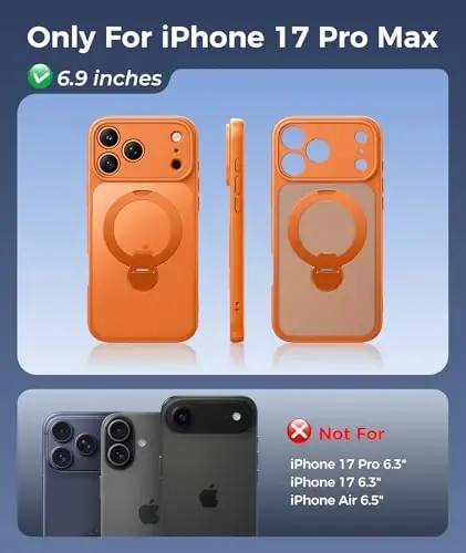 FNTCASE for iPhone 17 Pro-Max Case: [360 Spin Magnetic Stand] [Compatible with Magsafe] [Screen Protector] Translucent Matte Military Grade Shockproof Full Camera Protective Phone Cover - Orange - 2