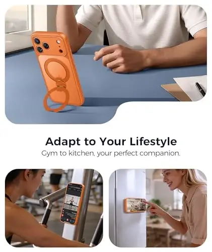 FNTCASE for iPhone 17 Pro-Max Case: [360 Spin Magnetic Stand] [Compatible with Magsafe] [Screen Protector] Translucent Matte Military Grade Shockproof Full Camera Protective Phone Cover - Orange - 4