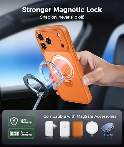 FNTCASE for iPhone 17 Pro-Max Case: [360 Spin Magnetic Stand] [Compatible with Magsafe] [Screen Protector] Translucent Matte Military Grade Shockproof Full Camera Protective Phone Cover - Orange - 5