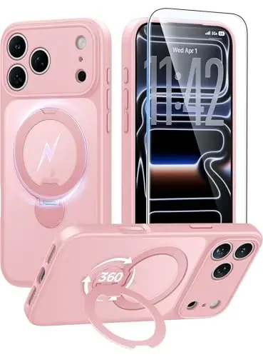 FNTCASE for iPhone 17 Pro-Max Case: [360 Spin Magnetic Stand] [Compatible with Magsafe] [Screen Protector] Translucent Matte Military Grade Shockproof Full Camera Protective Phone Cover - Pink 