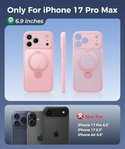 FNTCASE for iPhone 17 Pro-Max Case: [360 Spin Magnetic Stand] [Compatible with Magsafe] [Screen Protector] Translucent Matte Military Grade Shockproof Full Camera Protective Phone Cover - Pink - 2