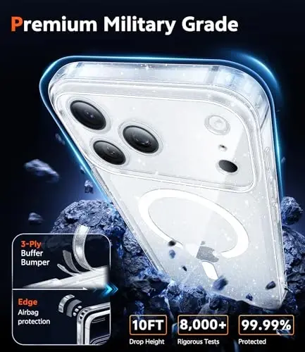 FNTCASE for iPhone 17 Pro-Max Case: Clear Magnetic Phone Cases Compatible with Magsafe Slim Anti Yellowing Military Grade Drop Protection Rugged Protective Transparent Cell Cover (B-Glitter Magnetic) - 5
