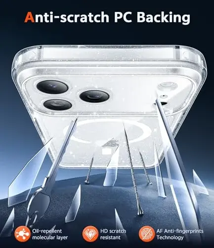 FNTCASE for iPhone 17 Pro-Max Case: Clear Magnetic Phone Cases Compatible with Magsafe Slim Anti Yellowing Military Grade Drop Protection Rugged Protective Transparent Cell Cover (B-Glitter Magnetic) - 6