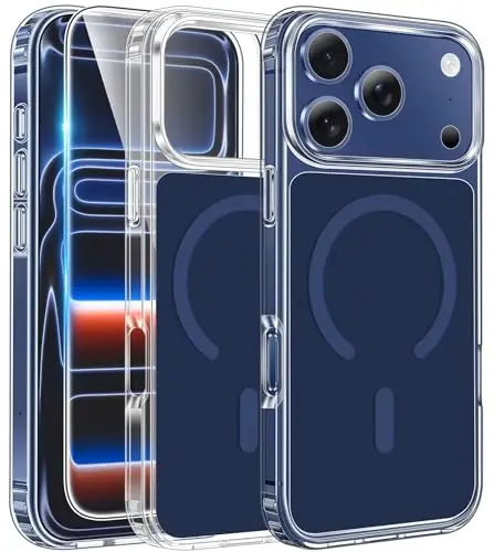 FNTCASE for iPhone 17 Pro-Max Case: Clear Magnetic Phone Cases with Screen Protector Compatible with Magsafe Slim Anti Yellowing Rugged Shockproof Protective Transparent Cell Cover (B-A Blue) - 1