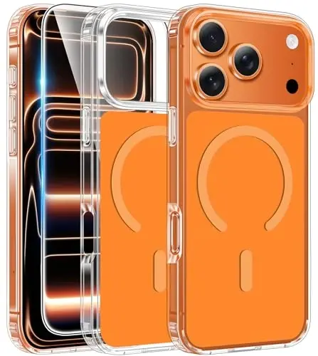 FNTCASE for iPhone 17 Pro-Max Case: Clear Magnetic Phone Cases with Screen Protector Compatible with Magsafe Slim Anti Yellowing Rugged Shockproof Protective Transparent Cell Cover (B-A Orange) 