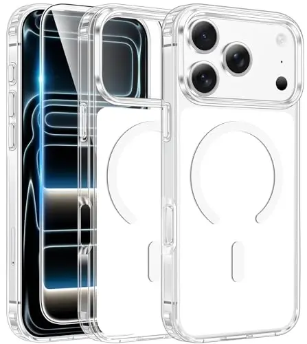 FNTCASE for iPhone 17 Pro-Max Case: Clear Magnetic Phone Cases with Screen Protector Compatible with Magsafe Slim Anti Yellowing Rugged Shockproof Protective Transparent Cell Cover (B-A White) - 1