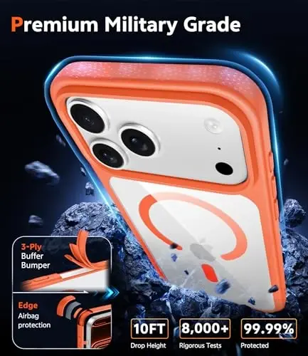 FNTCASE for iPhone 17 Pro-Max Case: Clear Magnetic Phone Cases with Screen Protector Compatible with Magsafe Slim Anti Yellowing Rugged Shockproof Protective Transparent Cell Phone Cover (B-Orange) - 6
