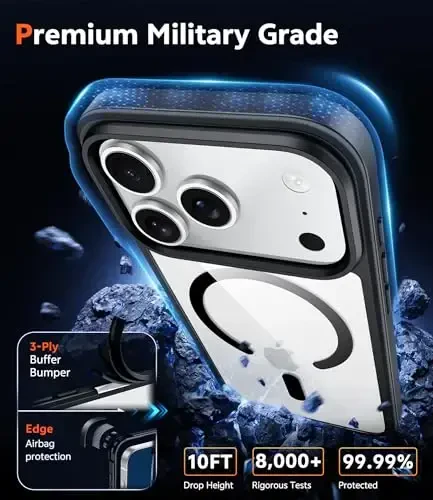 FNTCASE for iPhone 17 Pro-Max Case Clear: Magnetic Transparent Phone Cases with Screen Protector Slim Military Grade Drop Protection Rugged Shockproof Protective Cell Phone Cover (B-Black) - 6