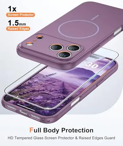 FNTCASE for iPhone 17 Pro-Max Case: Solid Purple Compatible with MagSafe | With Screen Protector, Full Camera Protection, Slim Matte Magnetic Shockproof Cover, 14FT Military Grade Drop Tested 