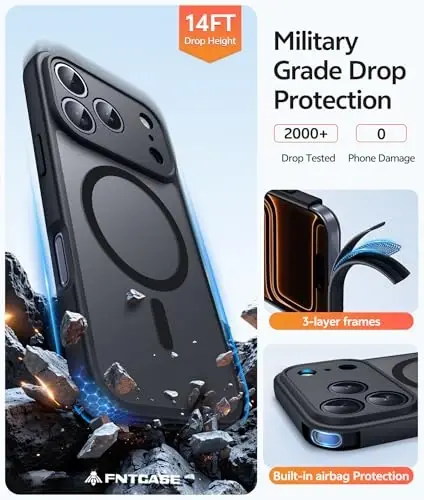 FNTCASE for iPhone 17 Pro Max Case: [Compatible with Magsafe] Translucent Matte Cases with [Full Camera Protection] [Screen Protector] Military Grade Shockproof Protective Phone Cover - Black Circle - 5