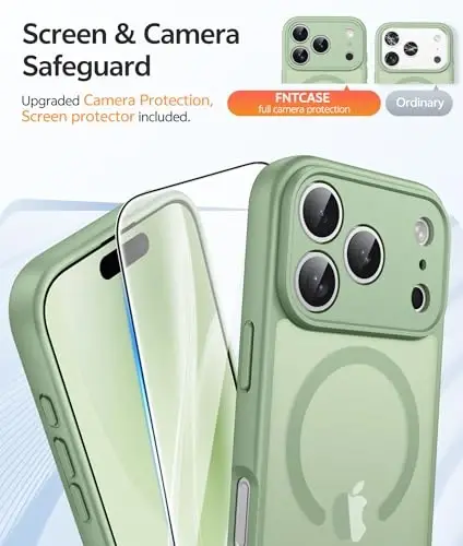 FNTCASE for iPhone 17 Pro Max Case: [Compatible with Magsafe] Translucent Matte Cases with [Full Camera Protection] [Screen Protector] Military Grade Shockproof Protective Phone Cover - Light Moss - 4