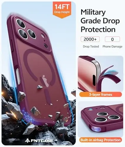 FNTCASE for iPhone 17 Pro Max Case: [Compatible with Magsafe] Translucent Matte Cases with [Full Camera Protection] [Screen Protector] Military Grade Shockproof Protective Phone Cover - Wine Red - 5