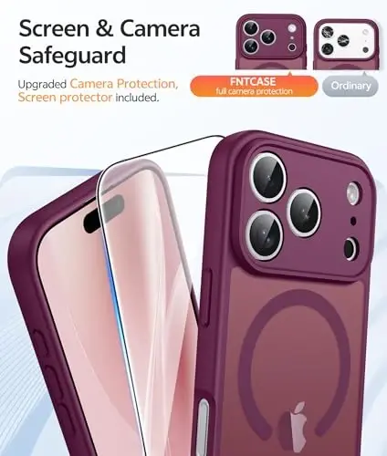 FNTCASE for iPhone 17 Pro Max Case: [Magsafe bilan mos keladi] [To'liq kamera muhofazasi] [Ekran himoyasi] bilan shaffof mat qutilar harbiy darajadagi zarbaga chidamli himoya telefon qopqog'i - Vino qizil rangi - 4