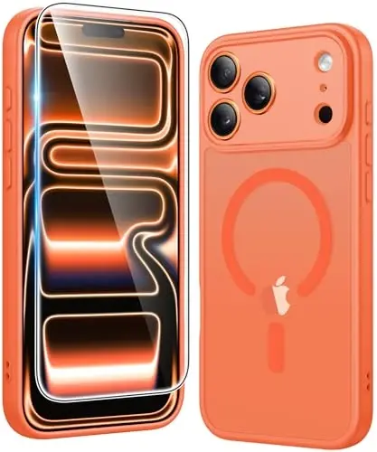 FNTCASE for iPhone 17 Pro-Max Case: Matte Magnetic Phone Cases with Screen Protector Compatible with Magsafe Slim Anti Yellowing Rugged Shockproof Protective Translucent Cell Cover (C-Orange) 