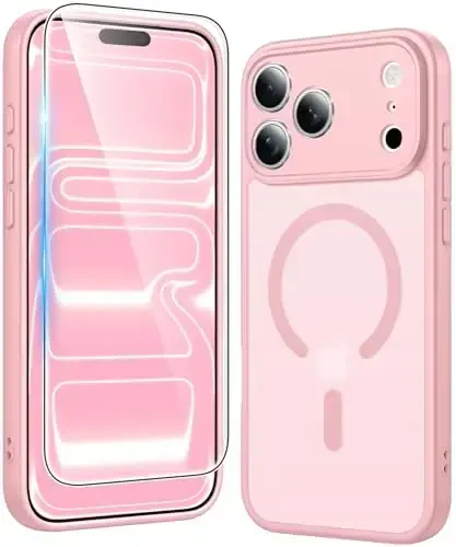 FNTCASE for iPhone 17 Pro-Max Case: Matte Magnetic Phone Cases with Screen Protector Compatible with Magsafe Slim Anti Yellowing Rugged Shockproof Protective Translucent Cell Phone Cover (C-Pink) - 1