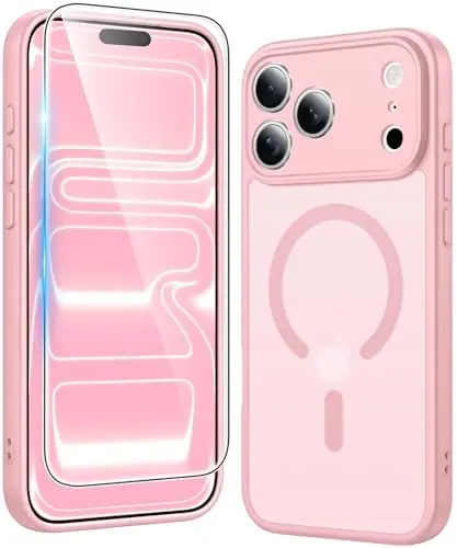FNTCASE for iPhone 17 Pro-Max Case: Matte Magnetic Phone Cases with Screen Protector Compatible with Magsafe Slim Anti Yellowing Rugged Shockproof Protective Translucent Cell Phone Cover (C-Pink) 