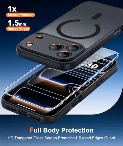 FNTCASE for iPhone 17 Pro-Max Case: Translucent Black Slim Cases Compatible with MagSafe, Full Camera Protection & Tempered Glass Protector, 14FT Military Grade Drop Tested, Matte Skin-Friendly Cover - FNTCASE