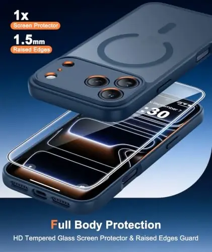 FNTCASE for iPhone 17 Pro-Max Case: Translucent Blue Slim Cases Compatible with MagSafe, Full Camera Protection & Tempered Glass Protector, 14FT Military Grade Drop Tested, Matte Skin-Friendly Cover 
