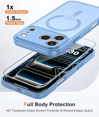 FNTCASE for iPhone 17 Pro-Max Case: Translucent Light Blue Slim Matte Cover Compatible with MagSafe, Full Camera Protection & Tempered Glass Protector, 14FT Military Grade Drop Tested 