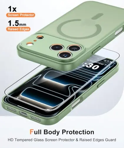 FNTCASE for iPhone 17 Pro-Max Case: Translucent Light Moss Slim Matte Cover Compatible with MagSafe, Full Camera Protection & Tempered Glass Protector, 14FT Military Grade Drop Tested 