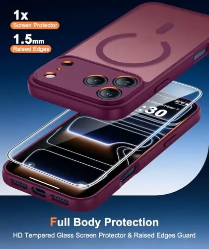 FNTCASE for iPhone 17 Pro-Max Case: Translucent Wine Red Slim Matte Cover Compatible with MagSafe, Full Camera Protection & Tempered Glass Protector, 14FT Military Grade Drop Tested 
