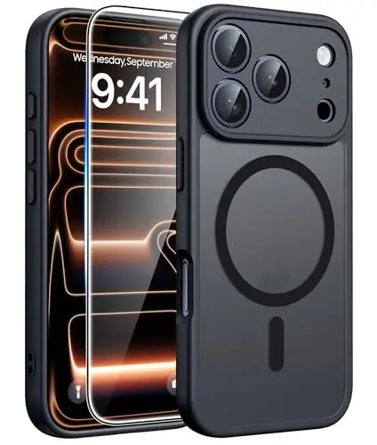 FNTCASE for iPhone 17 Pro Max G‘ilofi: [Magsafe bilan mos keladi] [To‘liq kamera himoyasi] [Ekran himoyasi] bilan shaffof mat qoplami Harbiy darajadagi zarbaga chidamli himoya telefon qopqog‘i - Qora doira - 1