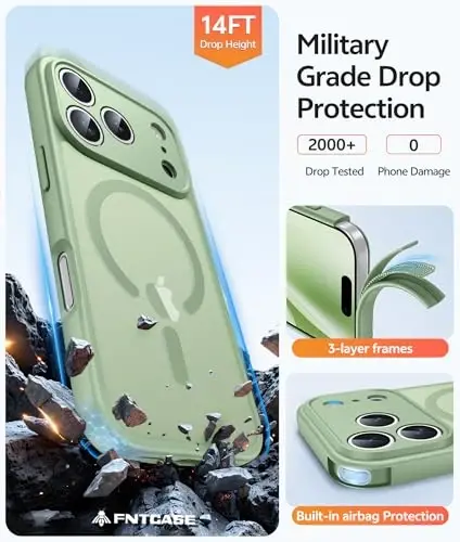 FNTCASE for iPhone 17 Pro Max G‘ilofi: [Magsafe bilan mos keladi] [To‘liq kamera himoyasi] va [Ekran himoyachisi] bilan yarim shaffof mat g‘iloflar harbiy darajadagi zarbaga chidamli himoya telefon qopqog‘i - Och Mox yashil - 5