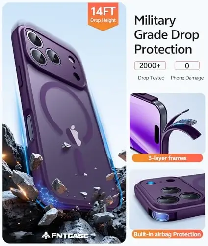 FNTCASE for iPhone 17 Pro Max G‘ilofi: [Magsafe bilan mos keladi] [To‘liq kamera muhofazasi] va [Ekran himoya oynasi] bilan jihozlangan Yarim shaffof Mat G‘iloflar Harbiy darajadagi zarbaga chidamli himoya telefon qopqog‘i - Binafsharang - 5