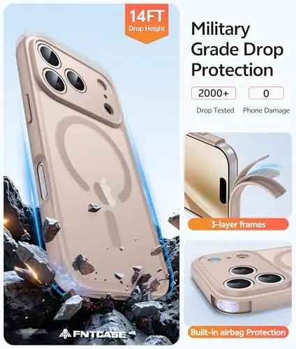 FNTCASE for iPhone 17 Pro Max Case, Fit for Magsafe, Screen Protector | Full Camera Protection, Translucent Matte, 14FT Military Grade Drop Proof, Shockproof Protective Phone Cover, Desert Gold - 5