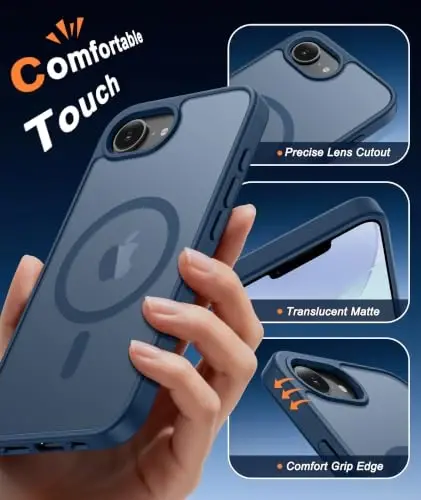 FNTCASE for iPhone 17e Case Blue: MagSafe bilan mos keluvchi yarim shaffof iPhone 16e g‘iloflari, kamera himoyasi va temperlangan shisha himoya oynasi, 14FT harbiy darajadagi tushish sinovidan o‘tgan, mat teri uchun qulay qopqoq - 3