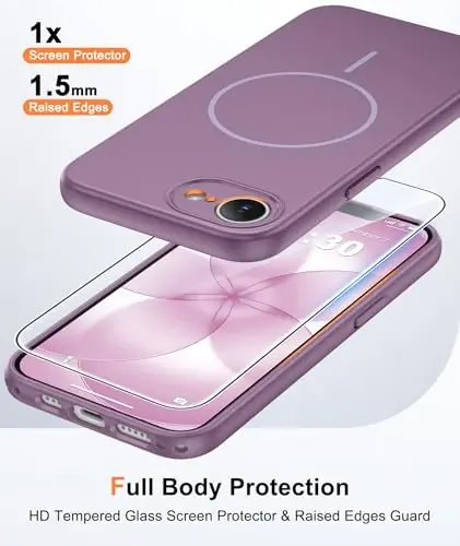 FNTCASE for iPhone 17E/16E Case Matte Lavender: Compatible with MagSafe | With Screen Protector, Translucent Magnetic Full Camera Protection, 14FT Military Grade Drop Tested, Matte Shockproof Cover 