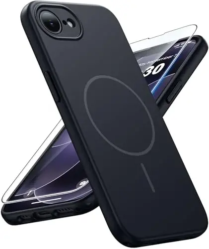 FNTCASE for iPhone 17e & iPhone 16e Case: [Compatible with Magsafe] Solid Matte Magnetic Phone Cover with [Full Camera Protection] [Screen Protector] Military Grade Shockproof Protective, Black - 1