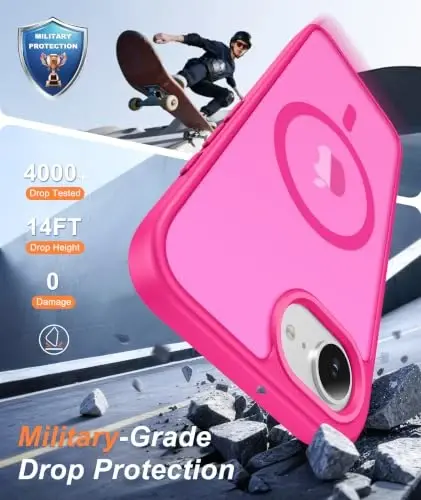 FNTCASE for iPhone 17e Case Hot Pink: MagSafe bilan mos keluvchi tiniq iPhone 16e g‘iloflari, Kamera muhofazasi va Temperlangan shisha himoyasi, 14FT Harbiy darajadagi tushish sinovidan o‘tgan, Mat teriga qulay qopqoq - 4
