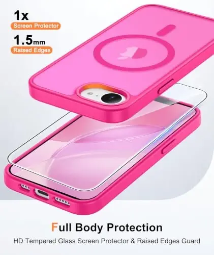 FNTCASE for iPhone 17e Case Hot Pink: MagSafe bilan mos keluvchi tiniq iPhone 16e g‘iloflari, Kamera muhofazasi va Temperlangan shisha himoyasi, 14FT Harbiy darajadagi tushish sinovidan o‘tgan, Mat teriga qulay qopqoq - 6