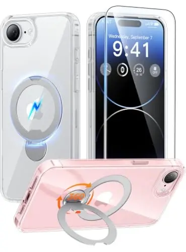 FNTCASE for iPhone 17e Case: iPhone 16e Phone Case [360 Spin Magnetic Stand] Compatible with Magsafe Screen Protector Clear Magnetic Phone Cases Anti Yellowing Shockproof Protective Phone Cover Clear 