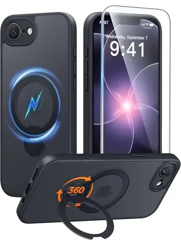 FNTCASE for iPhone 17e Case: iPhone 16e Phone Case [360 Spin Magnetic Stand] [Compatible with Magsafe] [Screen Protector] Translucent Matte Military Grade Shockproof Protective Phone Cover Black 