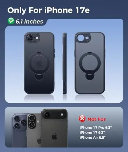 FNTCASE for iPhone 17e Case: iPhone 16e Phone Case [360 Spin Magnetic Stand] [Compatible with Magsafe] [Screen Protector] Translucent Matte Military Grade Shockproof Protective Phone Cover Black - 2