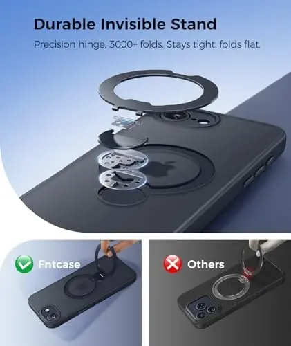 FNTCASE for iPhone 17e Case: iPhone 16e Phone Case [360 Spin Magnetic Stand] [Compatible with Magsafe] [Screen Protector] Translucent Matte Military Grade Shockproof Protective Phone Cover Black - 3