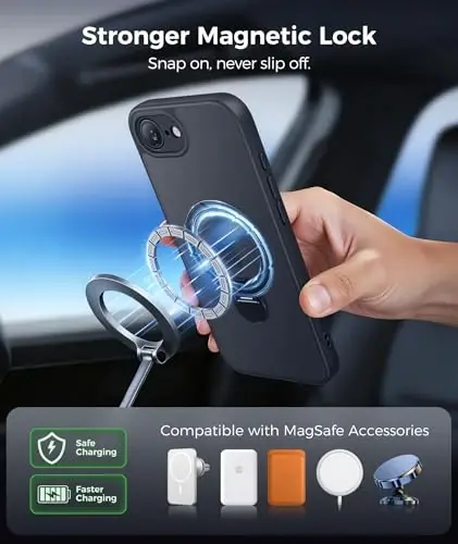 FNTCASE for iPhone 17e Case: iPhone 16e Phone Case [360 Spin Magnetic Stand] [Compatible with Magsafe] [Screen Protector] Translucent Matte Military Grade Shockproof Protective Phone Cover Black - 5