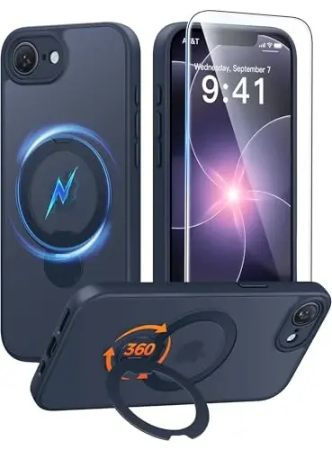FNTCASE for iPhone 17e Case: iPhone 16e Phone Case [360 Spin Magnetic Stand] [Compatible with Magsafe] [Screen Protector] Translucent Matte Military Grade Shockproof Protective Phone Cover Deep Blue 