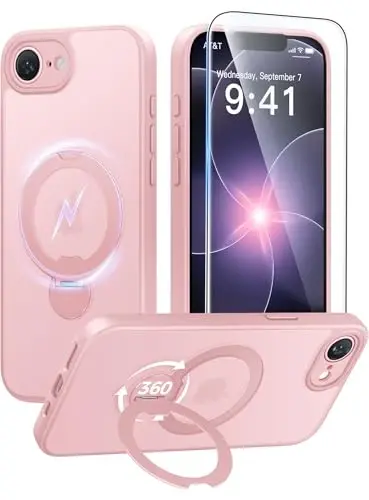 FNTCASE for iPhone 17e Case: iPhone 16e Phone Case [360 Spin Magnetic Stand] [Compatible with Magsafe] [Screen Protector] Translucent Matte Military Grade Shockproof Protective Phone Cover Pink - 1