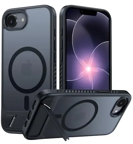 FNTCASE for iPhone 17e Case: iPhone 16e Phone Case [Magnetic Stand] [Compatible with Magsafe] Translucent Matte Military Grade Shockproof Drop Protective Phone Cover,Black 