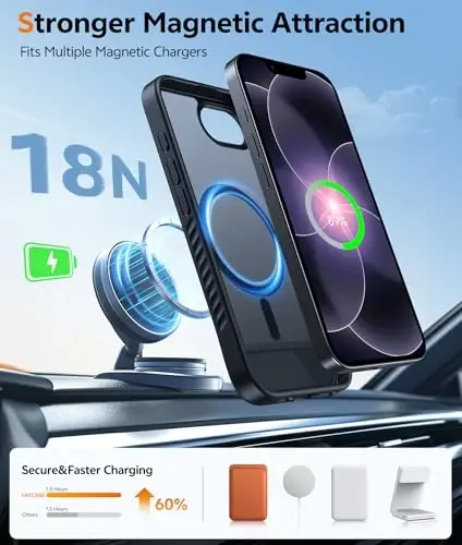FNTCASE for iPhone 17e Case: iPhone 16e Phone Case [Magnetic Stand] [Compatible with Magsafe] Translucent Matte Military Grade Shockproof Drop Protective Phone Cover,Black - 3