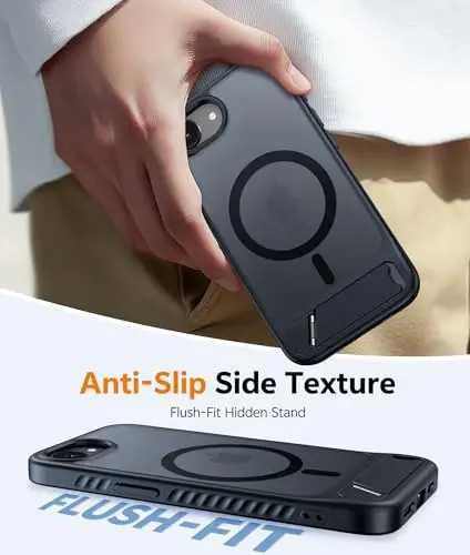 FNTCASE for iPhone 17e Case: iPhone 16e Phone Case [Magnetic Stand] [Compatible with Magsafe] Translucent Matte Military Grade Shockproof Drop Protective Phone Cover,Black - 4