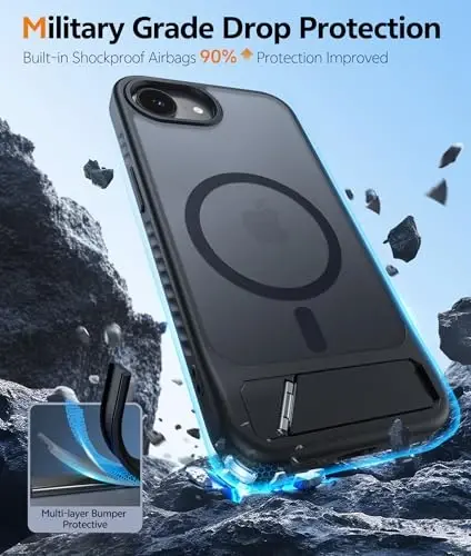FNTCASE for iPhone 17e Case: iPhone 16e Phone Case [Magnetic Stand] [Compatible with Magsafe] Translucent Matte Military Grade Shockproof Drop Protective Phone Cover,Black - 5