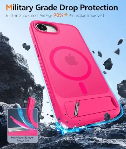 FNTCASE for iPhone 17e Case: iPhone 16e Phone Case [Magnetic Stand] [Compatible with Magsafe] Translucent Matte Military Grade Shockproof Drop Protective Phone Cover,Hot Pink - 5