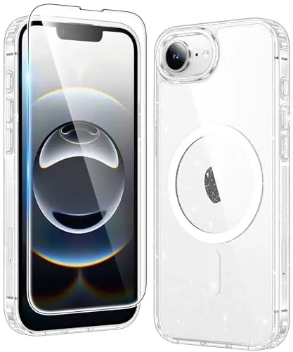 FNTCASE for iPhone 17e & iPhone 16e Case Clear: Magnetic Phone Cases Compatible with Magsafe Slim Anti Yellowing Military Grade Drop Protection Transparent Cell Cover (B-Glitter Magnetic) - FNTCASE